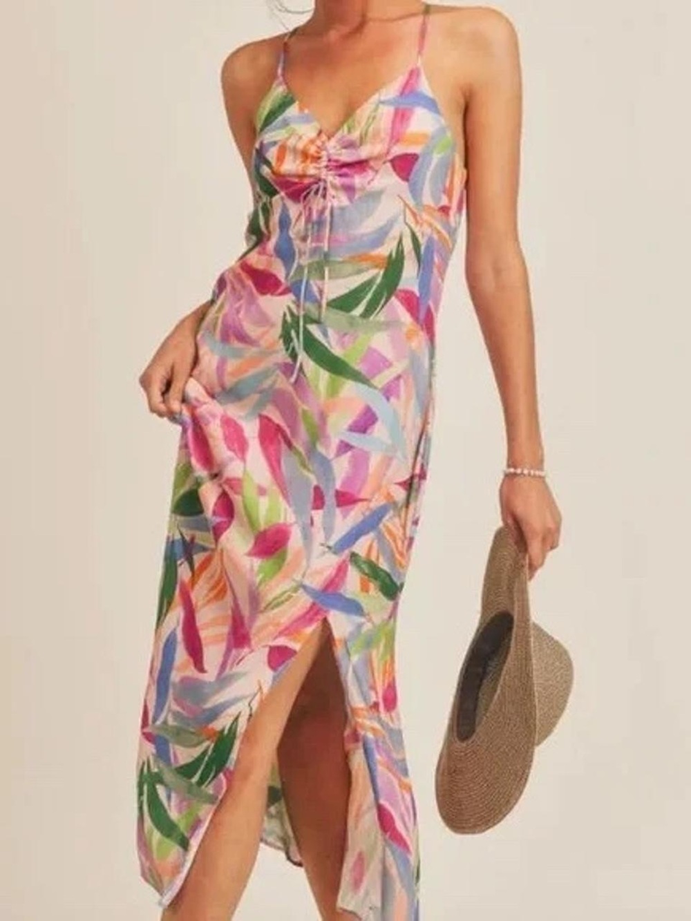 Sage Multicolor Leaf-Print Midi Slip Dress with Front Cinch
